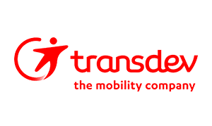 Transdev logo featuring a red stylized person icon with tagline "the mobility company" emphasizing their transportation and mobility services sector.