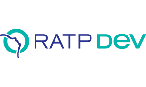RATP Dev logo featuring a teal and blue design with a stylized bird icon and company name text in modern sans-serif typography.