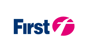 FIRST Robotics logo featuring blue text "First" alongside a pink and white stylized circular design representing the organization's commitment to youth STEM education.