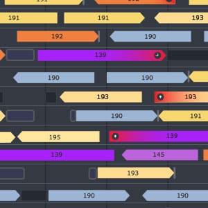 A Gantt chart displays project timelines with colored horizontal bars representing tasks numbered 190-195, showing schedule progression and task dependencies across multiple rows.