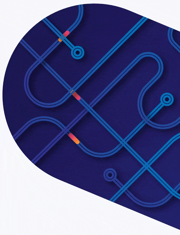 Abstract map illustration with blue curved transit lines and red location markers on a dark navy circular background, representing navigation and route planning.