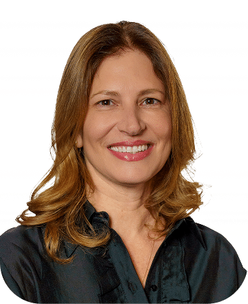 Professional headshot of a woman with shoulder-length auburn hair wearing a black shirt, smiling warmly against a white background.