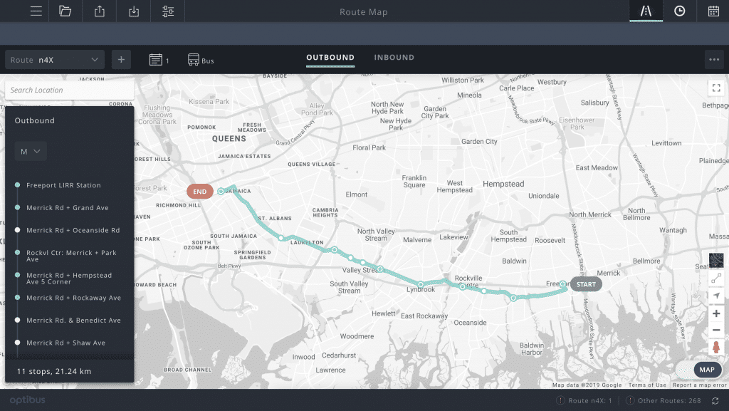 Route n4X bus map showing outbound stops from Freeport LIRR Station through Jamaica, South Jamaica, Laurelton, Valley Stream, and Lynbrook to Freeport, covering 11 stops over 21.24 km.