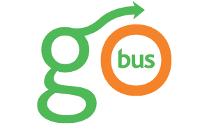 Go Bus logo featuring a green lowercase "g" with an arrow and an orange circle containing the word "bus" in green text, representing a transportation service brand.