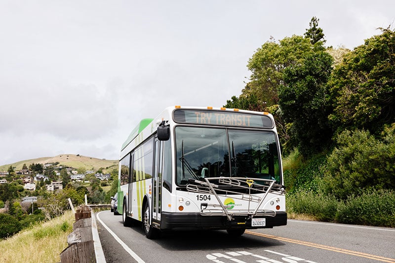 A white and green public transit bus numbered 1504 drives along a scenic hillside road lined with trees and residential homes visible in the background.