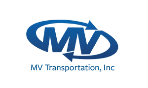 MV Transportation, Inc logo features a blue oval design with stylized "MV" lettering and directional arrows, representing logistics and transportation services.