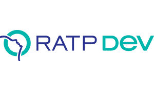RATP Dev logo featuring a teal circular icon with a stylized transit symbol and bold blue and teal text representing the global transport operator.