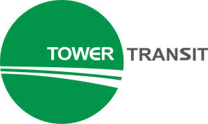 Tower Transit logo featuring a green circular design split by white lines, with the company name displayed in bold gray text to the right of the emblem.