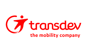 Transdev logo featuring a red stylized figure in motion alongside the company name and tagline "the mobility company," representing sustainable transportation solutions.