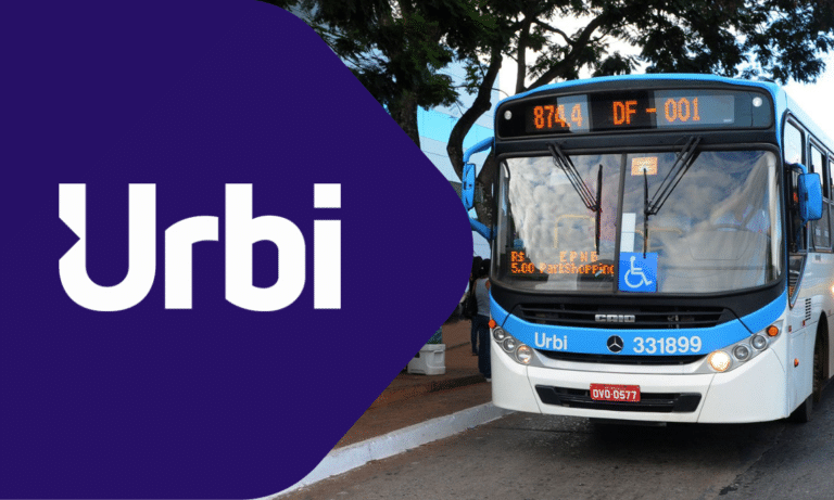 Urbi public transit bus featuring blue and white branding, displaying route DF-001 on digital signboard with accessibility features for disabled passengers.