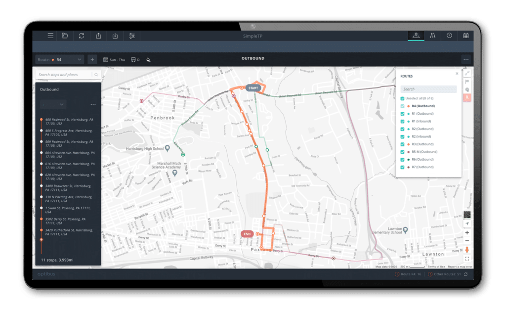 SimpleTP transit planning interface displaying Route R4 outbound with 11 stops spanning 3.99 miles across Harrisburg and Paxtang, Pennsylvania on an interactive map.