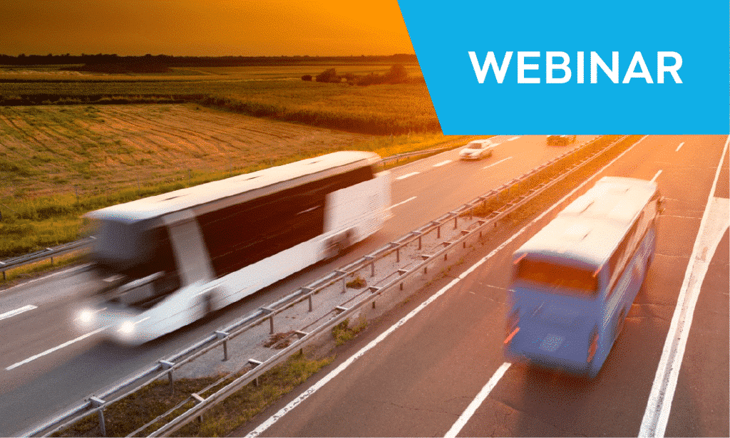 Webinar promotional graphic featuring trucks on a highway at sunset, symbolizing logistics and transportation industry content or training session about supply chain management.