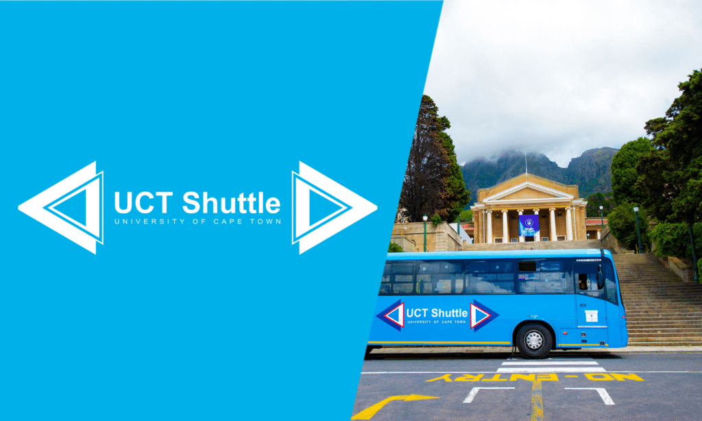UCT Shuttle service bus branded in blue with white logo parked at University of Cape Town campus, featuring classical building and mountain backdrop.
