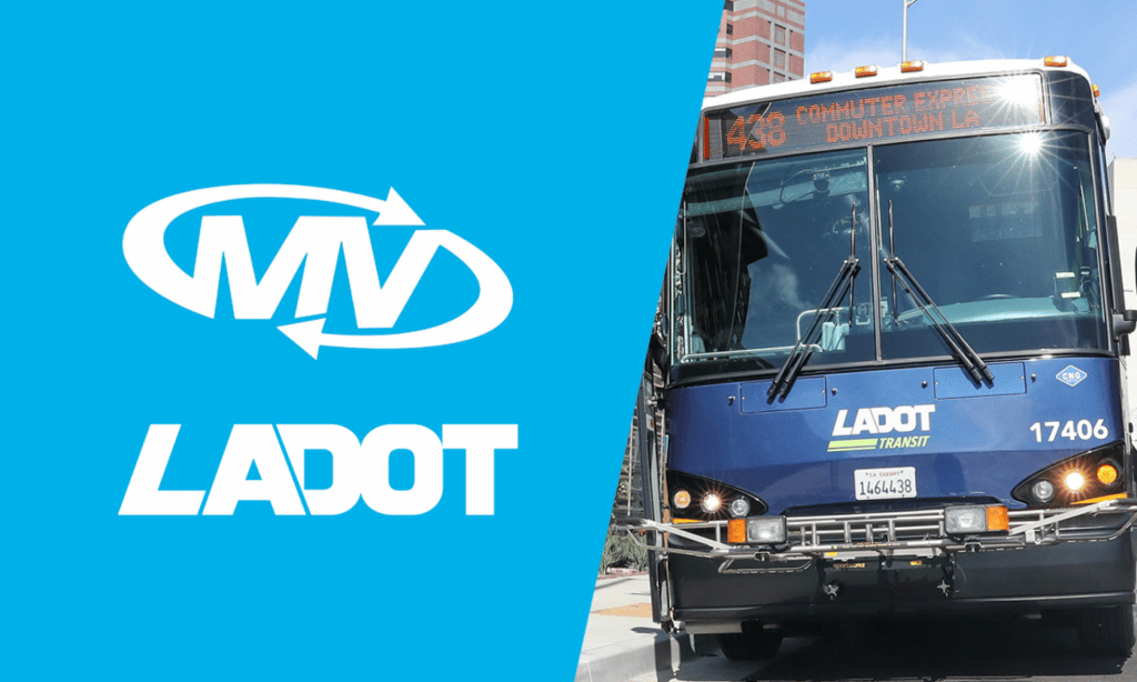 LADOT Transit blue bus number 17406 displays its route on the digital sign, showcasing Los Angeles public transportation services in an urban setting.