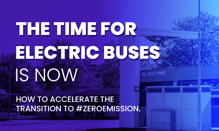 Promotional graphic advocating electric bus adoption features bold white text on a purple-blue gradient background with an electric bus visible on the right side, emphasizing zero-emission