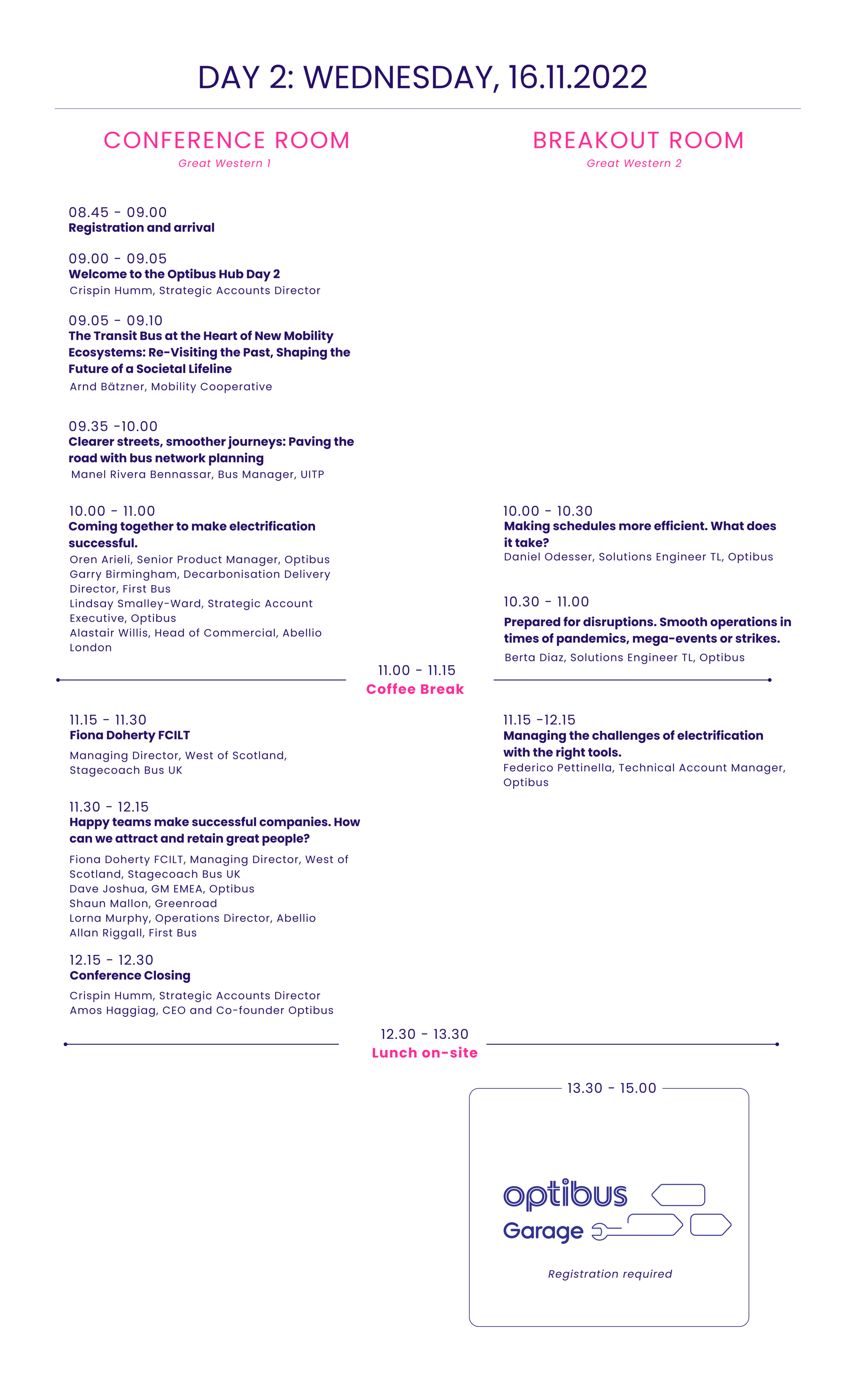 Day 2 conference schedule for November 16, 2022, featuring sessions on bus electrification, mobility ecosystems, and team management across Great Western 1 and Great Western 2 rooms.