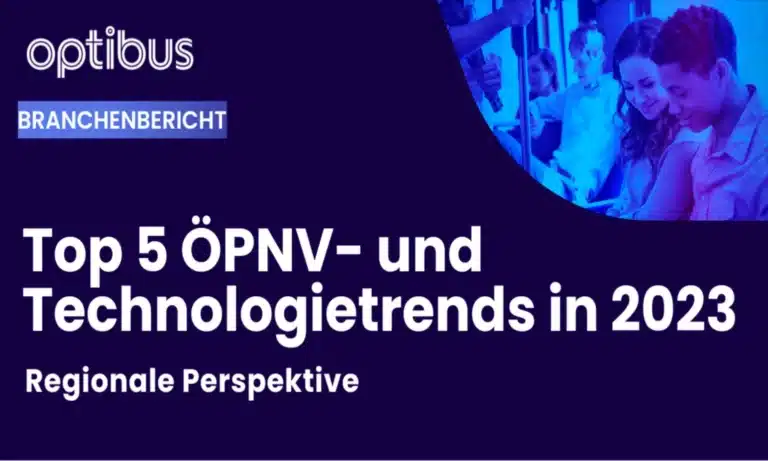 Optibus industry report cover titled "Top 5 ÖPNV- und Technologietrends in 2023" with regional perspective, featuring blue-tinted image of diverse team collaborating at computer.