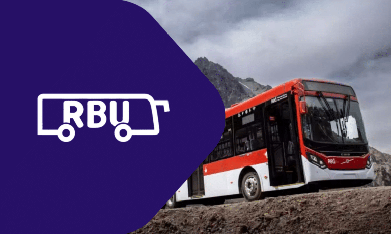 RBU bus service logo displayed on purple background with red and white passenger bus parked on mountain terrain beneath cloudy sky.