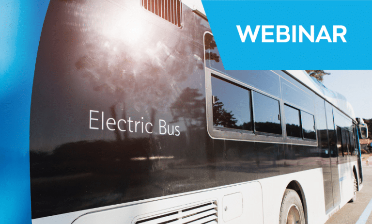 Webinar promotional image featuring a modern electric bus with "Electric Bus" text displayed on its side, set against a bright blue sky background emphasizing sustainable transportation.