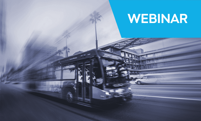 A dynamic webinar banner featuring a motion-blurred public transit bus speeding through an urban street with palm trees, representing fast-paced transportation innovation and modern city