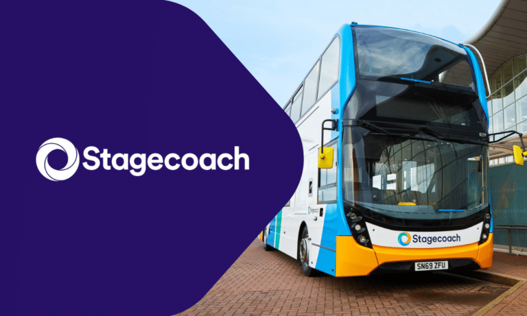 Stagecoach double-decker bus displaying blue, white, and yellow livery parked at a depot. The modern coach features the company's distinctive branding and logo on its side.