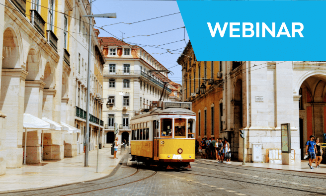 A webinar banner featuring Lisbon's iconic yellow tram traveling through a historic cobblestone street lined with traditional Portuguese architecture and colorful buildings.