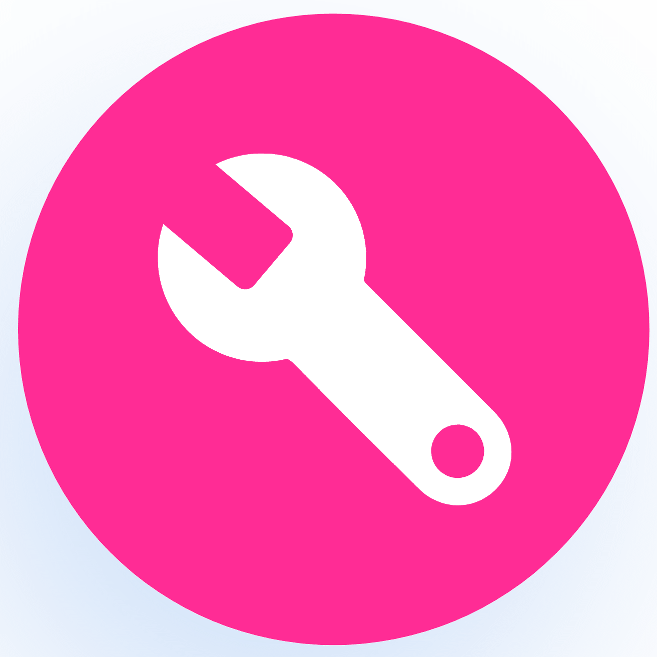 A white wrench icon centered on a bright pink circular background, commonly used to represent tools, settings, repairs, or maintenance functions in digital interfaces and applications.