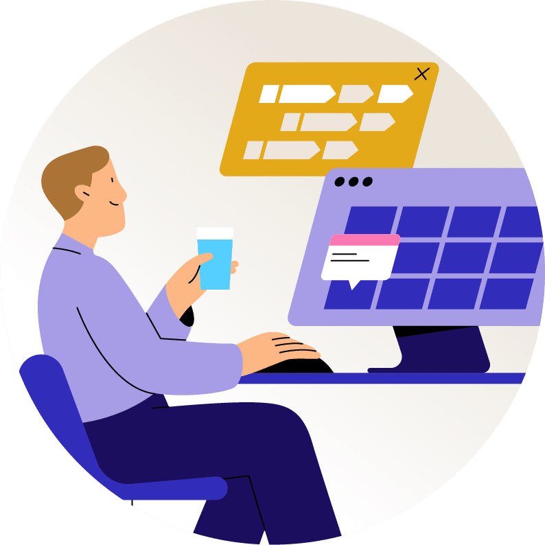 Man sitting at desk holding phone while viewing computer monitor displaying calendar and task management interface. Represents digital productivity and schedule planning.