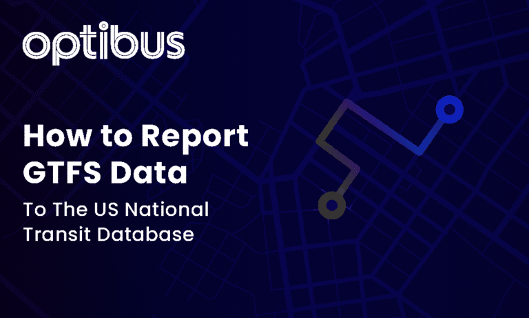 Optibus guide on reporting GTFS transit data to the US National Transit Database, featuring network visualization graphics on a dark blue tech background.