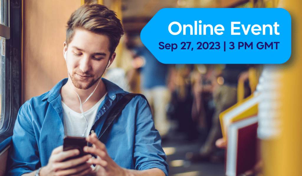 Man in blue shirt listening to earbuds while checking phone at online event on Sep 27, 2023 at 3 PM GMT.