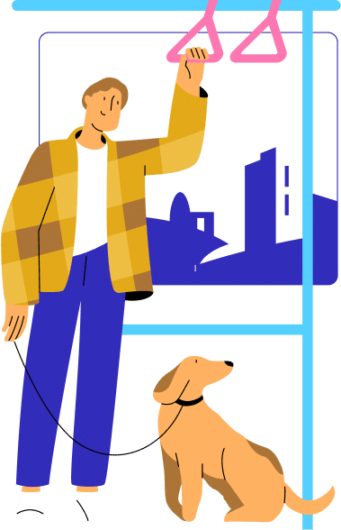 A man in a yellow jacket holds a subway train handle while his brown dog sits beside him on a leash, both traveling together on public transportation.