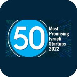 Badge displaying "50 Most Promising Israeli Startups 2022" in white text on a bright blue circular design against a dark blue textured background.