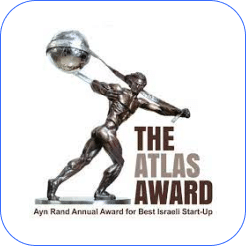 The Atlas Award features a bronze statue of a muscular figure holding a globe overhead, honoring Ayn Rand's annual award for best new start-up entrepreneurs.