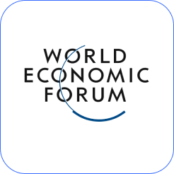 The World Economic Forum logo features bold black text with a stylized 'Ø' and a curved blue smile arc beneath, representing global economic collaboration and positive outlook.