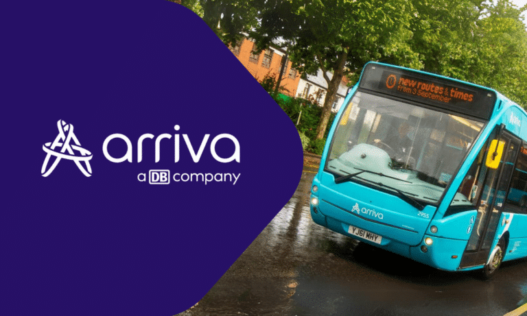 Arriva, a DB company, operates a turquoise bus displaying new routes and times from September. The modern transit vehicle is parked on a wet street near residential buildings.