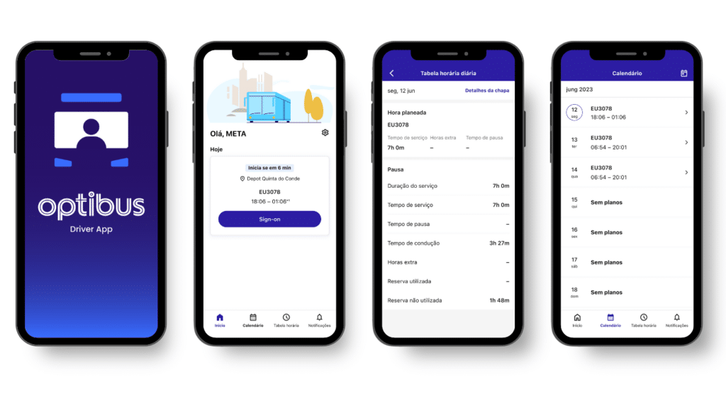 Optibus Driver App interface showing four screens: login page, home dashboard with route EU3078 departing from Depot Quinta do Conde, detailed daily schedule showing service times and breaks