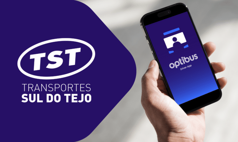 TST Transportes Sul do Tejo's Optibus driver app interface displayed on a smartphone, featuring a purple and blue gradient design with the company logo.