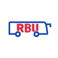 RBU logo featuring a blue bus outline with red lettering. The simple, modern design represents a transportation or bus service brand identity with clean lines and professional styling.