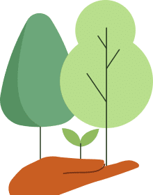 An illustration of a hand holding three trees with green foliage and brown trunks, symbolizing environmental care, sustainability, and nature conservation efforts.