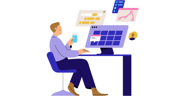 A man sits at a desk working on a laptop while holding a smartphone, surrounded by digital project management tools including calendars, charts, and analytics displays on his monitor.