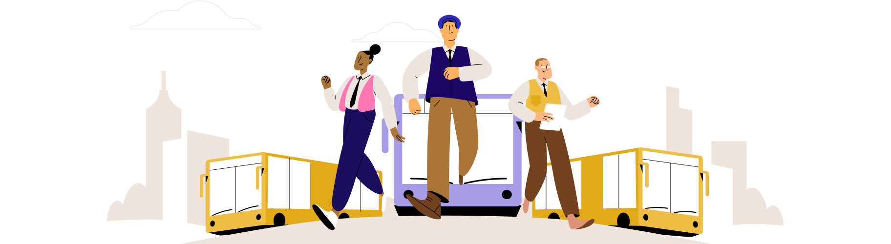 Business professionals collaborate and communicate on yellow buses in an urban setting, representing teamwork, transportation, and corporate mobility in a modern city environment.