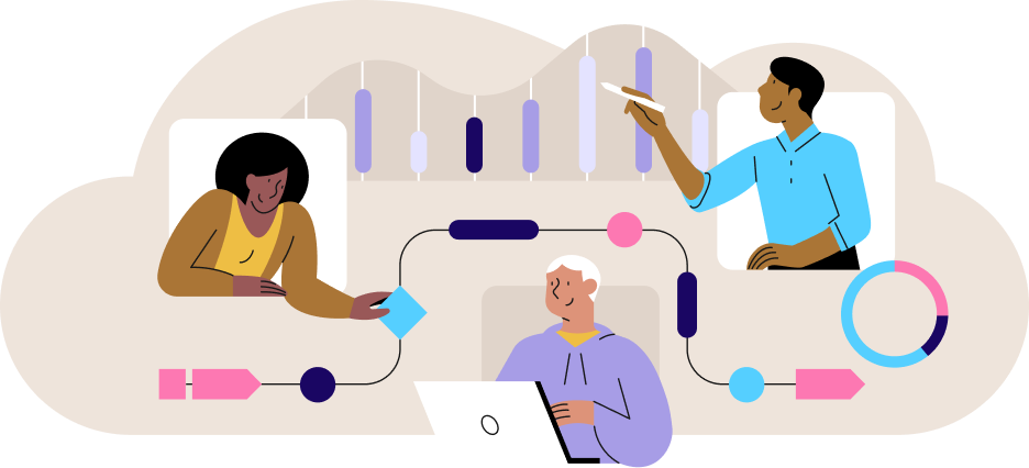 Three diverse professionals collaborate on data analysis and project management using charts, graphs, and laptops in a modern workflow visualization.
