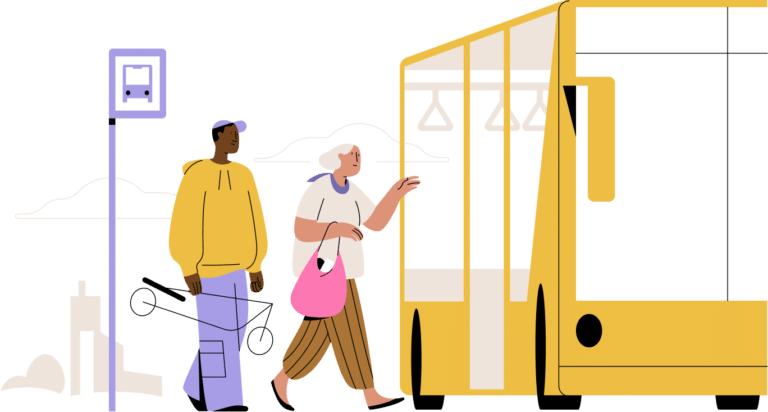 Two people wait at a bus stop while a yellow bus arrives. A man holds a bicycle and a woman carries a pink bag as they prepare to board.