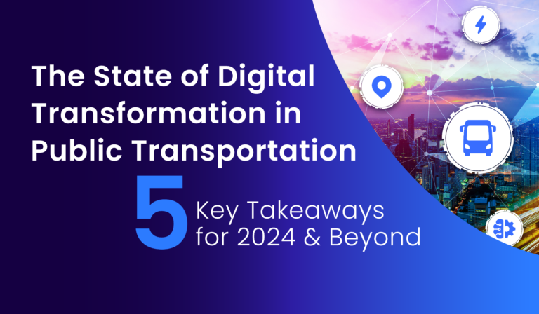 Digital transformation presentation slide featuring five key takeaways for public transportation in 2024, with icons for energy, location, transit, and smart infrastructure against a cityscape