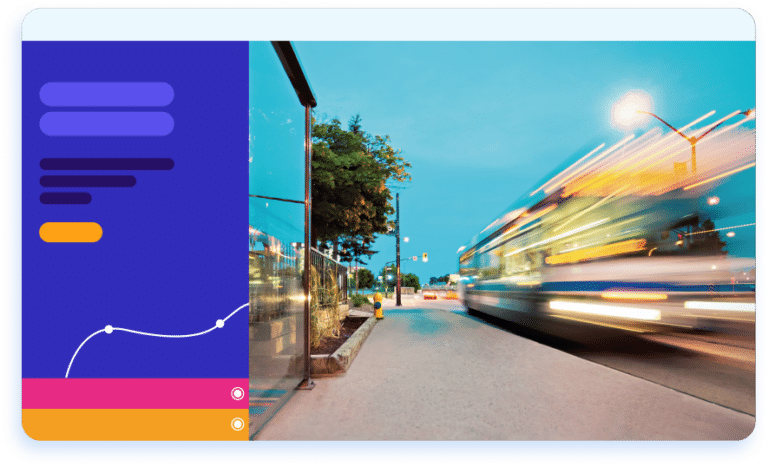 Modern dashboard interface combining analytics visualization with urban transit imagery, featuring a blue sidebar with data charts and an orange accent button alongside a motion-blurred city bus.
