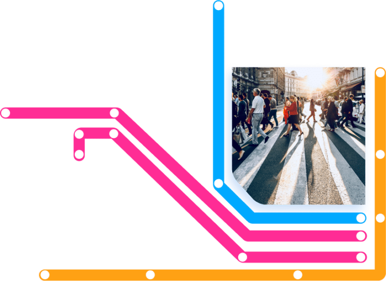 Colorful geometric design featuring interconnected lines in pink, blue, and orange, with a street crossing photo showing pedestrians on a zebra crossing in an urban setting.