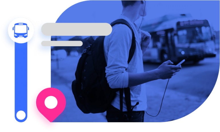 Commuter with backpack checking phone at bus station, with location pin icon and transit vehicles in blue-toned background. Modern app interface for transportation and navigation services.