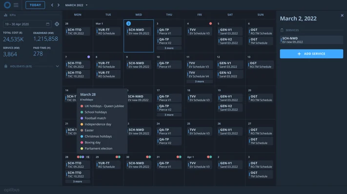 Calendar view for March 2022 displaying scheduled cricket matches including T20, ODI, and Test formats across multiple venues with color-coded event categories and match details.