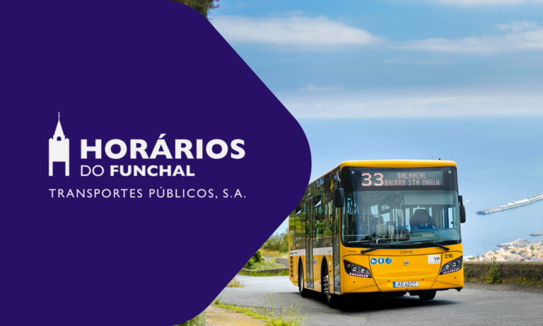 Yellow public bus operated by Horários do Funchal, a Madeira transportation company, displays route 33 heading to Bairro Santa Maria along a coastal road.
