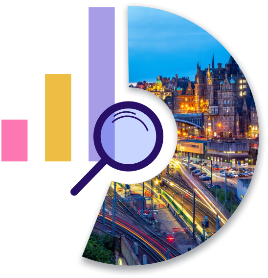 Colorful bar chart with magnifying glass overlay analyzing city data, featuring a nighttime urban skyline with illuminated buildings and traffic lights in the background.